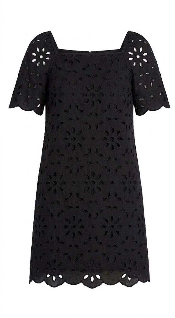 ANN TAYLOR Black Eyelet Lace Dress Size 6 Cotton LBD Square Neck Puff Sleeve Min